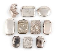 A collection of ten silver vesta cases, comprising: one by Mappin & Webb, Birmingham 1911, one by