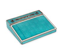 A novelty French silver and enamel desk box, unmarked, modelled as a desk stand, decorated with