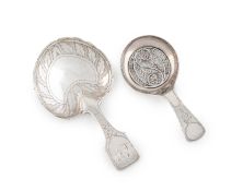 Two George III silver caddy spoons, one by Joseph Willmore, Birmingham 1805, circular form with a