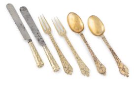 Two sets of William & Mary silver-gilt Trefid sweetmeats/children's knives, forks and spoons,