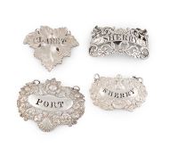 A collection of antique silver wine labels, comprising: one by Reily & Storer, London circa 1840, of