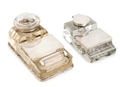 An Edwardian silver-mounted glass inkwell, stamp holder and roller, by Wright & Davies, London 1908,