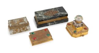 A gilt-metal mounted glass stamp box, unmarked, rectangular form, the cover with pierced mounts