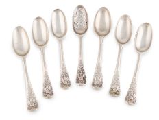 A matched set of six George III silver Hanoverian pattern teaspoons and a mote spoon, some by Samuel