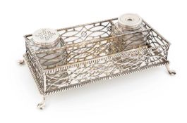 A George III silver inkstand, overstamped with maker's mark TH four times, circa 1780, rectangular