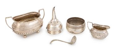 A mixed lot, comprising: a George III silver wine funnel, maker's mark worn, London 1812, a sugar