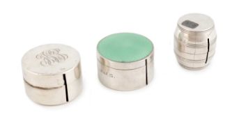 By Tiffany & Co., an American silver stamp dispenser, in the form of a barrel with a screw-off