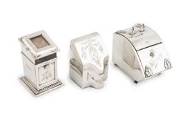 Three novelty Edwardian silver stamp boxes, one by Joseph Gloster, Birmingham 1901, in the form of a