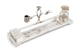 A Victorian silver inkstand, by Hukin & Heath, Birmingham 1895, plain rectangular form, a central