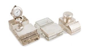 An Edwardian silver-mounted glass inkwell and stamp box, by John Grinsell & Sons, Birmingham 1906,