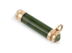 A 9-carat gold-mounted and gem-set nephrite propelling pencil, retailed by Frank Hyams, 128 New Bond