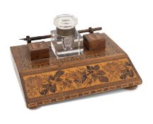 A late-19th century Tunbridge ware inkstand and dip pen, raised rectangular form with decorative