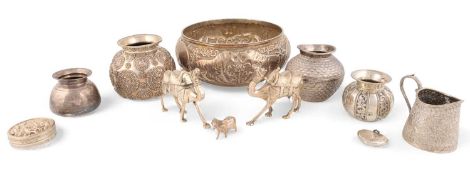 A mixed lot of silver and metalware items, comprising: an Indian silver cream jug, a large bowl,