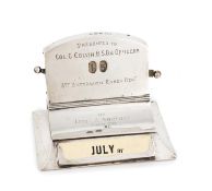 A silver desk calendar and stamp box, by Henry Matthews, Birmingham 1912, rounded rectangular back