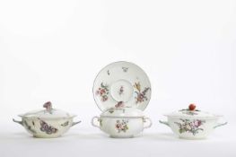 A CHELSEA ECUELLE, COVER AND STAND C.1755 together with two Chelsea tureens and covers, all
