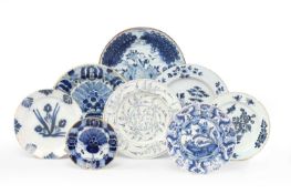 A DELFTWARE CHARGER DUTCH, C.1770 blue painted with Flora holding a cornucopia inside sponged