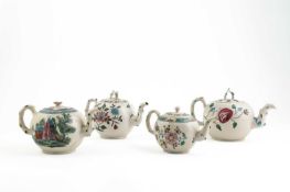 A COLLECTION OF FOUR STAFFORDSHIRE SALT-GLAZED STONEWARE TEAPOTS AND COVERS C.1760-70 each with a
