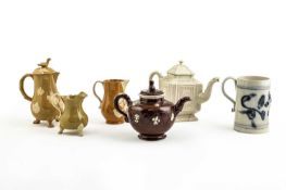 A STAFFORDSHIRE SALT-GLAZED STONE WARE TANKARD EARLY 19TH CENTURY of cylindrical form, with a blue