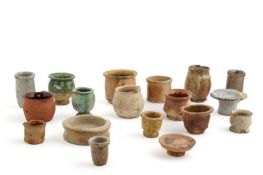 A COLLECTION OF EIGHTEEN EARTHENWARE AND STONEWARE OINTMENT POTS 17TH - 19TH CENTURY in a variety of