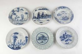 SIX DELFTWARE PLATES MID-18TH CENTURY comprising: one blue painted with a chinoiserie scene inside a