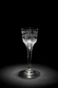 A 'PRIVATEER' WINE GLASS C.1760 the ogee bowl engraved with a ship in full sail and inscribed '