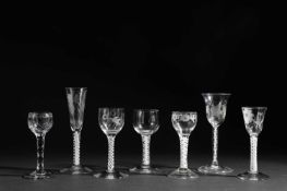 *AMENDED DESCRIPTION* FIVE SMALL WINE GLASSES 18TH CENTURY AND LATER comprising: one with cut