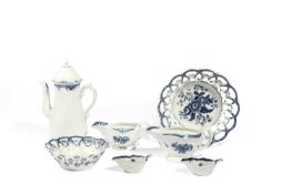 TWO WORCESTER BLUE AND WHITE BASKETS C.1770-85 printed in the Pine Cone pattern, a sauce boat in the