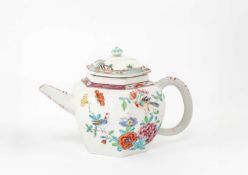 A RARE AND EARLY CHELSEA TEAPOT AND A MATCHED COVER C.1750-52 of hexagonal form, unusually decorated