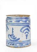 A DELFTWARE DRUG OR APOTHECARY JAR LONDON, MID-18TH CENTURY of cylindrical form painted with