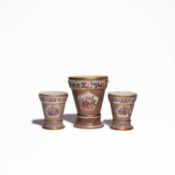 A MATCHED GARNITURE OF THREE COALPORT CACHEPOTS AND STANDS C.1805-10 painted with panels of