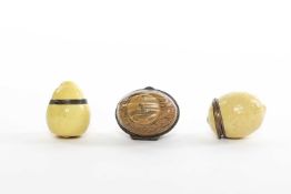 THREE SOUTH STAFFORDSHIRE ENAMEL BONBONNIERES LATE 18TH CENTURY one painted as a walnut inscribed 'A