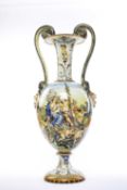 A LARGE CANTAGALLI TWIN-HANDLED VASE C.1900 the ovoid body with a tall, flaring neck, a pair of twin