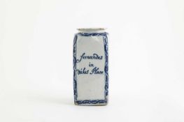 A TIN GLAZED APOTHECARY JAR, TEA OR COFFEE CANISTER LATE 18TH CENTURY of square section,