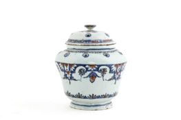 A RARE LONDON DELFTWARE POT POURRI AND COVER VAUXHALL, C.1720-30 of inverted pear shape, pierced