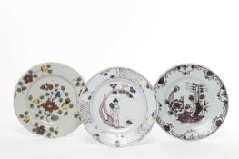 A DELFTWARE PLATE PROBABLY TEMPLE BECK, BRISTOL, C.1750 polychrome painted with a maiden with a
