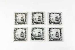 SIX LIVERPOOL DELFTWARE TILES BY JOHN SADLER, C.1770 each black printed with scenes of ships at