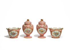 A PAIR OF COALBROOKDALE VASES AND COVERS C.1850-60 of Sèvres pot pourri Pompadour shape, painted
