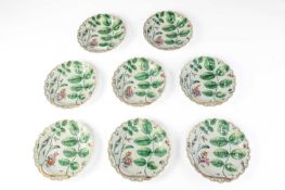 EIGHT WORCESTER 'BLIND EARL' PLATES C.1765-1770 each moulded and painted with a rosebud and