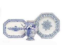 AN ITALIAN BLUE AND WHITE DRUG JAR AND TWO FRENCH FAIENCE DISHES 18TH/19TH CENTURY the drug jar