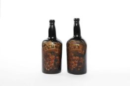 A PAIR OF OLIVE GREEN GLASS BOTTLES MID-19TH CENTURY each gilt decorated with a banner, one