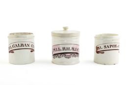 A PAIR OF PEARLWARE DRY DRUG JARS LATE 18TH CENTURY of cylindrical form, manganese inscribed 'PIL: