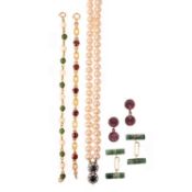 TWO PAIRS OF CUFFLINKS, TWO GOLD BRACELETS AND A CULTURED PEARL NECKLACE