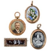 TWO ENAMEL PENDANTS AND A BROOCH, WITH A GOLD LOCKET PENDANT, 19TH CENTURY