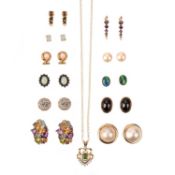 A COLLECTION OF GEM-SET 9CT GOLD EARRINGS AND A PENDANT