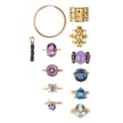 TEN GEM-SET GOLD RINGS