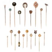 19 ASSORTED STICK PINS, VARIOUSLY GEM-SET OR PLAIN IN VARYING METALS
