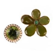 A GEORGE III CHRYSOPRASE FLORAL BROOCH AND AN EDWARDIAN GREEN PASTE AND SEED PEARL BROOCH