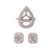 A DIAMOND-SET RING MOUNT AND A PAIR OF DIAMOND-SET EARRING MOUNTS