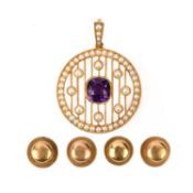 AN EDWARDIAN AMETHYST AND SEED PEARL PENDANT