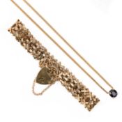 A 9CT GOLD FANCY-LINK BRACELET, 15.5g AND A SAPPHIRE PENDANT NECKLACE